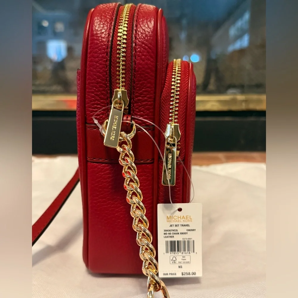 NWT Michael Kors Jet Set Travel Cherry MD NS Chain Crossbody Leather bag.